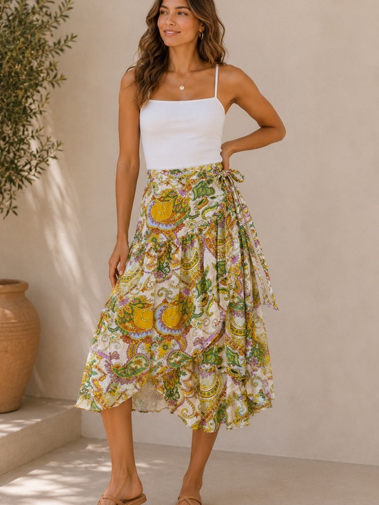 Haute Hippie Dresses & Skirts - Haute Hippie Cream Paisley High-Low Wrap Skirt with Yellow & Green